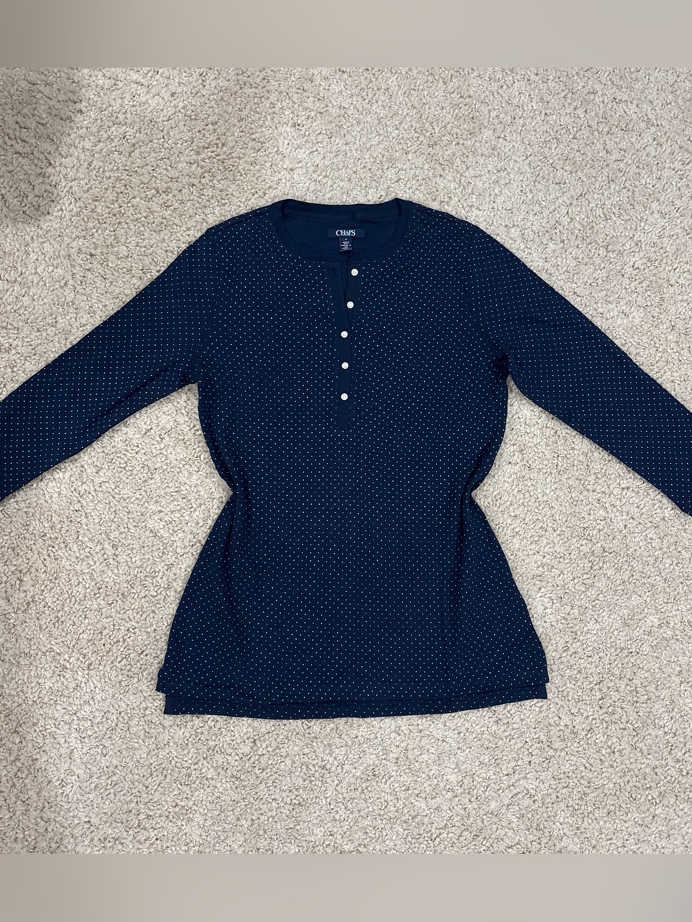 Chaps Women’s Navy Blue 3/4 Sleeve Polka Dot Button Henley Cotton Top Sz Medium